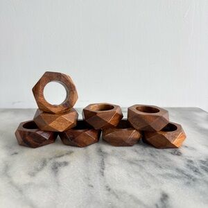 Vintage | MCM Faceted Wood Napkin Rings Set Of 8 Carved Geometric Setting Holder